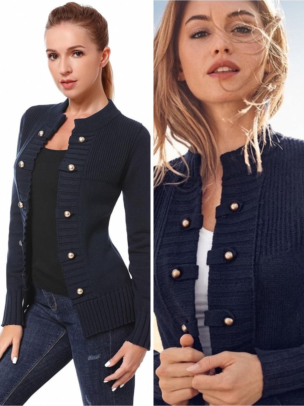 VENUS Navy Ribbed Round Metal Button Cardigan